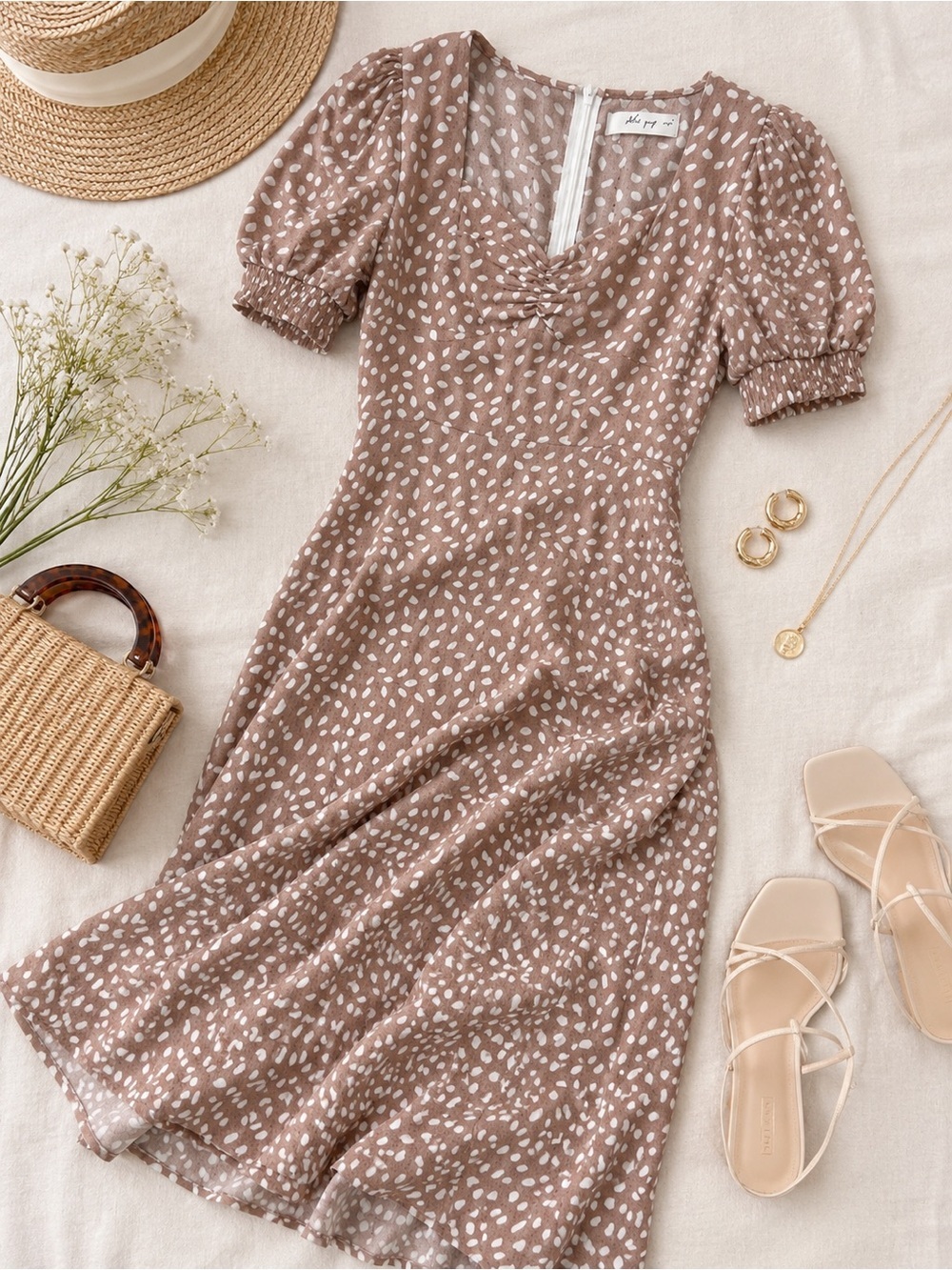 Petal + Pup | Blush Polka Dot Midi Dress | Puff Sleeve Cottagecore Dress | US 4 - Picture 2 of 5